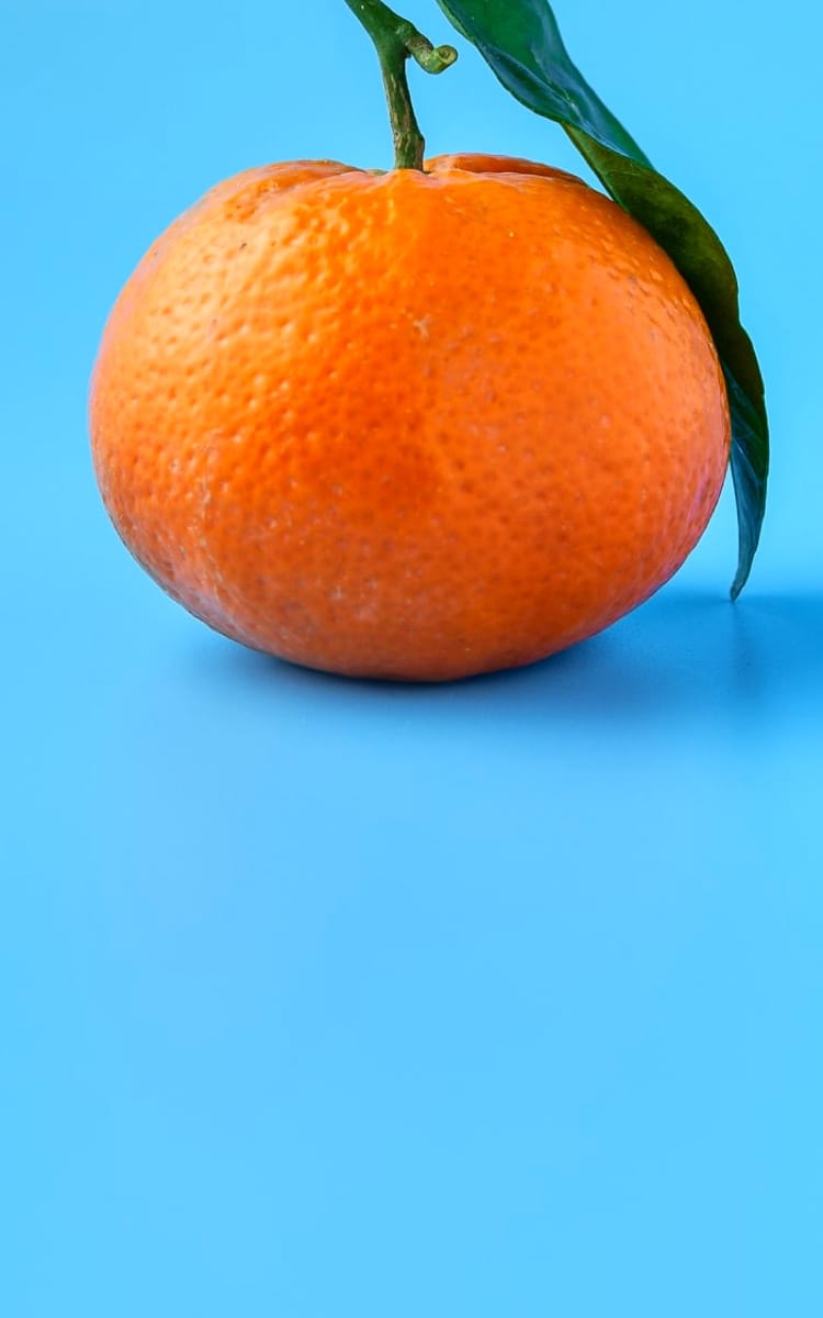 one orange with green leaves